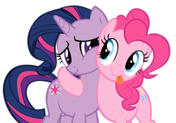 Size: 1280x895 | Tagged: safe, artist:theet-wolf, derpibooru import, pinkie pie, twilight sparkle, earth pony, pony, alternate hairstyle, female, lesbian, shipping, simple background, tongue out, transparent background, twinkie, vector