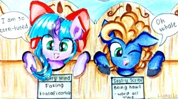 Size: 3995x2234 | Tagged: safe, artist:liaaqila, derpibooru import, oc, oc only, oc:silly scribe, oc:starry mind, pony, cute, pillory, pun, pure unfiltered evil, silly, silly pony, stocks, traditional art