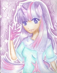 Size: 1699x2165 | Tagged: safe, artist:tiffany1221, derpibooru import, twilight sparkle, eared humanization, horned humanization, humanized, solo, traditional art