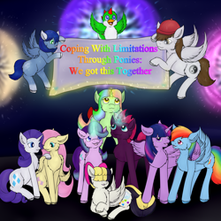 Size: 3000x3000 | Tagged: safe, artist:aricub, fizzlepop berrytwist, fluttershy, rainbow dash, rarity, songbird serenade, starlight glimmer, tempest shadow, twilight sparkle, twilight sparkle (alicorn), oc, oc:doodle noodle, oc:sapphire, oc:wayward pony, oc:yosh-e-o, alicorn, pegasus, pony, unicorn, my little pony: the movie, banner, coping with limitations through ponies, eye scar, fireworks, flying, lying down, night, scar, standing