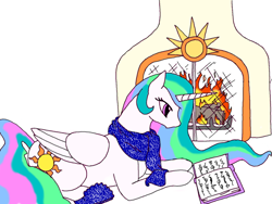 Size: 800x600 | Tagged: safe, artist:celestialsapphire, princess celestia, alicorn, pony, book, clothes, fireplace, scarf, slippers, solo