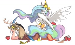 Size: 1280x775 | Tagged: dead source, safe, artist:frankilew, discord, princess celestia, alicorn, pony, dancing, dislestia, female, food, male, shipping, straight, sugar (food)