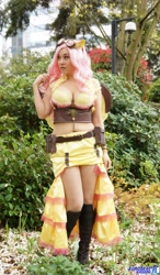 Size: 1199x2048 | Tagged: safe, artist:ani-mia, fluttershy, human, 2014, belly button, bellyring, bra, cleavage, clothes, cosplay, emerald city comicon, female, goggles, irl, irl human, midriff, photo, skirt, solo, steampunk, underwear