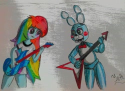 Size: 1024x747 | Tagged: safe, artist:yeth06, derpibooru import, rainbow dash, equestria girls, battlefield, five nights at freddy's 2, guitar, toy bonnie