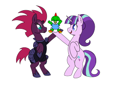 Size: 2800x1997 | Tagged: safe, artist:doodle noodle, fizzlepop berrytwist, starlight glimmer, tempest shadow, oc, oc:yosh-e-o, pony, unicorn, armor, bipedal, broken horn, coping with limitations through ponies, duo, eye scar, female, mare, raised hoof, s5 starlight, scar, simple background, transparent background