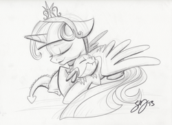 Size: 2000x1459 | Tagged: safe, artist:probablyfakeblonde, derpibooru import, spike, twilight sparkle, twilight sparkle (alicorn), alicorn, dragon, pony, cuddling, element of magic, female, mare, monochrome, sketch, snuggling, spikelove, traditional art