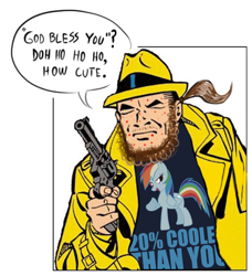 Size: 445x489 | Tagged: safe, artist:hotdiggedydemon, derpibooru import, rainbow dash, pegasus, pony, 20% cooler, acne, atheism, brony, brony stereotype, dick tracy, goldstein, gun, hotdiggedydemon, neckbeard