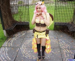 Size: 2048x1674 | Tagged: safe, artist:ani-mia, fluttershy, human, 2014, belly button, bellyring, bra, cleavage, clothes, cosplay, emerald city comicon, female, irl, irl human, midriff, photo, skirt, solo, steampunk, underwear