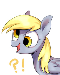 Size: 800x1000 | Tagged: safe, artist:rocy canvas, derpy hooves, pegasus, pony, exclamation point, female, interrobang, mare, open mouth, question mark, simple background, smiling, solo, white background