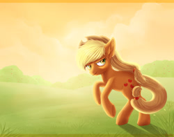 Size: 1674x1323 | Tagged: safe, artist:azaiia, applejack, earth pony, pony, grass, rearing, solo