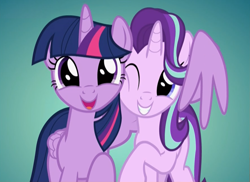 Size: 886x644 | Tagged: safe, edit, edited screencap, screencap, starlight glimmer, twilight sparkle, twilight sparkle (alicorn), alicorn, pony, unicorn, father knows beast, best friends, bust, cheek squish, cute, daaaaaaaaaaaw, duo, female, glimmerbetes, gradient background, grin, horn, hug, mare, one eye closed, open mouth, portrait, smiling, squishy cheeks, twiabetes, wing hands, winghug, wings