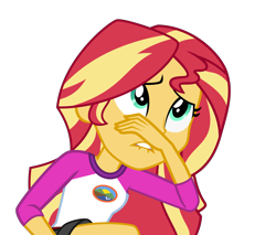 Size: 4968x4242 | Tagged: safe, artist:keronianniroro, sunset shimmer, equestria girls, legend of everfree, absurd resolution, camp everfree outfits, clothes, eww, female, lip bite, shorts, simple background, solo, transparent background, vector