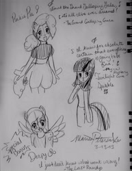 Size: 2550x3300 | Tagged: safe, artist:melodicmarzipan, derpy hooves, pinkie pie, twilight sparkle, earth pony, pony, sketch, text