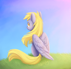 Size: 879x851 | Tagged: safe, artist:netoey, derpy hooves, pegasus, pony, colored pupils, looking back, sitting, solo, windswept mane