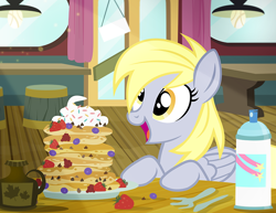 Size: 900x695 | Tagged: safe, artist:pixelkitties, derpy hooves, pegasus, pony, cute, derpabetes, female, food, mare, national pancake day, pancakes, solo