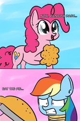 Size: 2111x3172 | Tagged: safe, artist:artiks, derpibooru import, pinkie pie, rainbow dash, earth pony, pegasus, pony, secrets and pies, crazy eyes, dialogue, duo, duo female, female, food, mare, open mouth, pie, rope, simple background