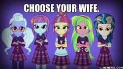 Size: 600x337 | Tagged: safe, edit, edited screencap, screencap, indigo zap, lemon zest, sour sweet, sugarcoat, sunny flare, equestria girls, friendship games, choose your wife, clothes, crossed arms, crystal prep academy uniform, crystal prep shadowbolts, freckles, glasses, goggles, headphones, image macro, leggings, meme, pigtails, plaid skirt, pleated skirt, ponytail, school uniform, shadow five, shadowbolt comments, skirt, twintails