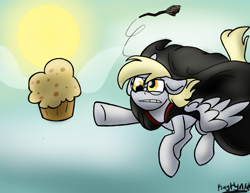 Size: 1018x785 | Tagged: safe, artist:kerorolover16, derpy hooves, pegasus, pony, female, food, harry potter, mare, muffin, parody, quidditch, solo