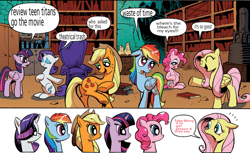 Size: 800x490 | Tagged: safe, derpibooru import, edit, idw, applejack, fluttershy, pinkie pie, rainbow dash, rarity, twilight sparkle, twilight sparkle (alicorn), alicorn, earth pony, pegasus, pony, unicorn, spoiler:comic, spoiler:comic17, exploitable meme, mane 6 interests, mane six, meme, obligatory pony, review, teen titans go, teen titans go to the movies