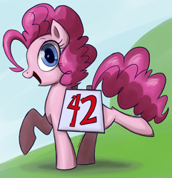 Size: 1200x1246 | Tagged: safe, artist:professor-ponyarity, pinkie pie, earth pony, pony, 42, female, looking at you, mare, open mouth, profile, solo