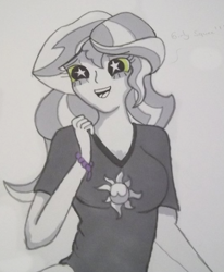 Size: 541x656 | Tagged: safe, artist:zalla661, sunset shimmer, equestria girls, clothes, implied suntrix, neo noir, partial color, shirt, solo, starry eyes, traditional art, wingding eyes