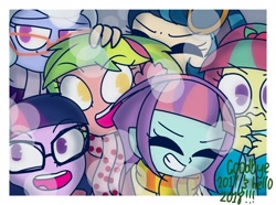 Size: 1478x1100 | Tagged: safe, artist:psychodiamondstar, indigo zap, lemon zest, sci-twi, sour sweet, sugarcoat, sunny flare, twilight sparkle, equestria girls, clothes, crystal prep shadowbolts, glasses, happy new year, happy new year 2018, holiday, scarf, shadow five, smiling