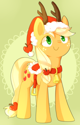 Size: 920x1440 | Tagged: safe, artist:sion, applejack, earth pony, pony, bell, bell collar, collar, hat, reindeer antlers, saddle, santa hat, solo