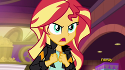 Size: 1920x1080 | Tagged: safe, screencap, sunset shimmer, equestria girls, mirror magic, spoiler:eqg specials, cinema, clothes, discovery family logo, female, geode of empathy, jacket, leather jacket, offscreen character, open mouth, solo, talking, theater