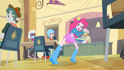 Size: 1280x720 | Tagged: safe, screencap, bright idea, granny smith, photo finish, pinkie pie, scott green, equestria girls, background human, balloon, boots, burger, carla jr., chair, clothes, food, helping twilight win the crown, high heel boots, skirt, wondercolts