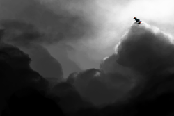 Size: 2500x1667 | Tagged: safe, artist:narbarnar, derpibooru import, rainbow dash, pegasus, pony, cloudscape, lonely, monochrome, moody, sad, scenery, solo