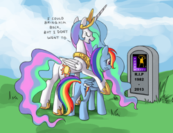 Size: 780x600 | Tagged: safe, artist:php58, derpibooru import, edit, princess celestia, rainbow dash, alicorn, pegasus, pony, bitchlestia, butt, celestia's grave meme, exploitable meme, female, gold guy, implied death, lucasarts, mare, meme, plot, slowpoke, star wars, trollestia