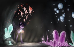 Size: 1024x655 | Tagged: safe, artist:octomoparalysis, derpibooru import, twilight sparkle, twilight sparkle (alicorn), alicorn, pony, cave, crystal, female, glow, lantern, mare, solo