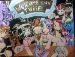 Size: 4095x3120 | Tagged: safe, artist:haruka takahashi, starlight glimmer, oc, oc:blackjack, oc:disco waffle, oc:fox mccloud, oc:haruka takahashi, oc:scarlet moon, oc:twilie atkins, pegasus, pony, unicorn, fallout equestria, fallout equestria: project horizons, beanie, cowboy hat, cute, date, female, glasses, hat, horn, lights, magic, male, mare, sign, speech bubble, stallion, table, traditional art