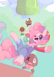 Size: 585x826 | Tagged: safe, artist:pekou, pinkie pie, earth pony, pony, 1-up mushroom, clothes, cosplay, costume, crossover, cute, diapinkes, goomba, mario, mario pie, one eye closed, power-up, solo, super leaf, super mario bros., super mario bros. 3, warp pipe, wink