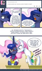 Size: 650x1097 | Tagged: safe, artist:johnjoseco, princess celestia, princess luna, alicorn, pony, ask gaming princess luna, boop, clothes, comic, cute, desk, eyes closed, female, frown, glasses, horns are touching, inconvenient celestia, lunabetes, magic, open mouth, pencil, pink-mane celestia, sailor uniform, school uniform, schoolgirl, sitting, telekinesis, wide eyes, wink, younger