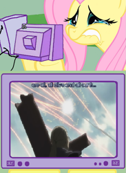 Size: 563x771 | Tagged: safe, fluttershy, pegasus, pony, batou, exploitable meme, explosion, fluttercry, ghost in the shell, meme, obligatory pony, sad, song, tachikoma, tv meme