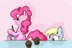 Size: 1219x812 | Tagged: safe, artist:red, derpy hooves, pinkie pie, pony, bipedal, eyes on the prize, food, muffin