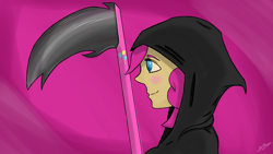 Size: 1280x720 | Tagged: safe, artist:zarzox, pinkie pie, human, humanized, scythe, solo