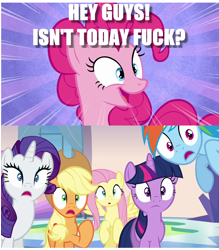 Size: 1280x1462 | Tagged: safe, derpibooru import, applejack, fluttershy, pinkie pie, rainbow dash, rarity, twilight sparkle, earth pony, pegasus, pony, unicorn, fanfic art, image macro, mane six, meme, shocked, vulgar