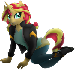 Size: 2219x2088 | Tagged: safe, artist:theshadowstone, derpibooru exclusive, sunset shimmer, anthro, unicorn, all fours, colored sketch, digital art, female, high res, simple background, smiling, solo, transparent background