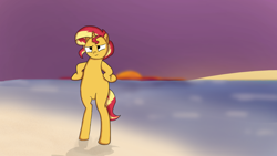 Size: 1024x576 | Tagged: safe, artist:exxticcy, sunset shimmer, pony, unicorn, beach, bipedal, female, hooves on hips, mare, solo, sun, sunset