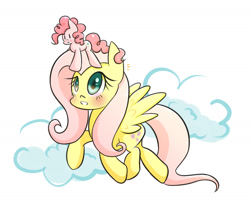 Size: 1400x1200 | Tagged: safe, artist:joycall6, fluttershy, pinkie pie, earth pony, pegasus, pony, blushing, cloud, cloudy, female, flutterpie, lesbian, shipping, tiny