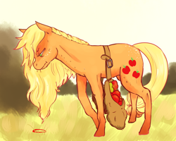 Size: 1000x800 | Tagged: safe, artist:umbri-girl, applejack, earth pony, pony, alternate hairstyle, apple, loose hair, saddle bag, solo, sweat, tired