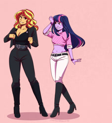 Size: 2700x2977 | Tagged: safe, artist:overlordneon, sunset shimmer, twilight sparkle, human, equestria girls, belly button, belt, boots, breasts, cleavage, clothes, female, high heel boots, humanized, jacket, lesbian, midriff, pink background, shipping, shoes, simple background, smiling, sunsetsparkle