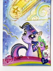 Size: 1000x1340 | Tagged: safe, artist:sararichard, derpibooru import, idw, spike, twilight sparkle, dragon, artist card, traditional art