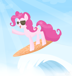 Size: 4662x4931 | Tagged: safe, artist:balloons504, pinkie pie, earth pony, pony, absurd resolution, smiling, solo, summer, sunglasses, surfboard, surfing, wave, waving