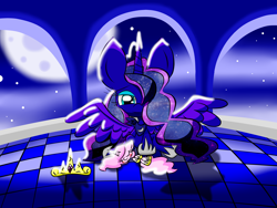 Size: 2272x1704 | Tagged: safe, artist:lovehtf421, princess celestia, princess luna, alicorn, pony, crown, filly, filly celestia thing, night, sleeping