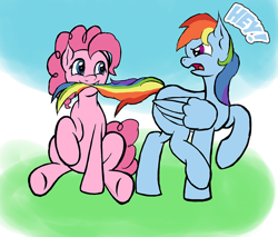 Size: 882x750 | Tagged: safe, artist:athlete-grizzle, derpibooru import, pinkie pie, rainbow dash, earth pony, pegasus, pony, female, lesbian, pinkiedash, shipping, tail bite, tail pull