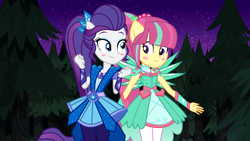 Size: 1280x720 | Tagged: safe, artist:limedazzle, artist:mixiepie, artist:themexicanpunisher, rarity, sour sweet, equestria girls, legend of everfree, alternate hairstyle, clothes, crystal guardian, crystal wings, dress, forest, night, ponied up, stars, tree