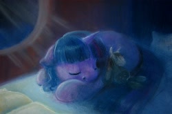 Size: 2738x1812 | Tagged: safe, artist:wolfiedrawie, derpibooru import, smarty pants, twilight sparkle, filly, sleeping, solo, traditional art, younger